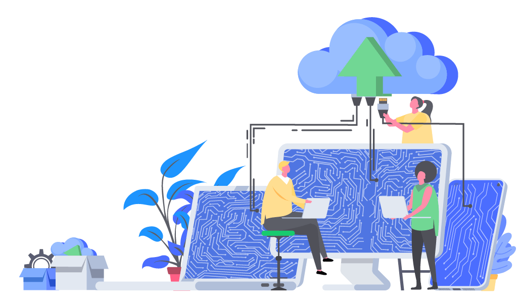 Infografía de gente trabajando con distintos dispositivos conectados a la misma nube